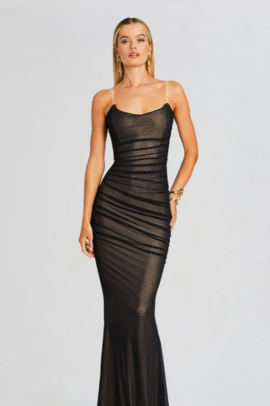 Mesh Ruched Strapless Slip Dress