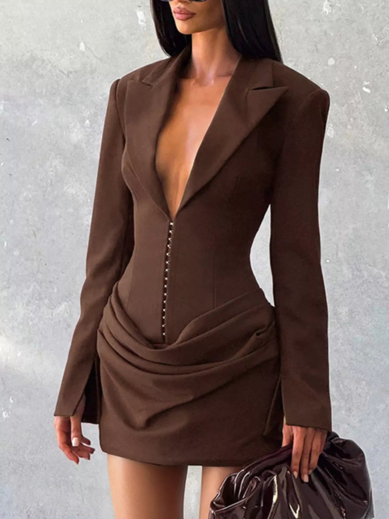 Full Size Blazer-Style Long Sleeve Mini Dress Plus Size Brown