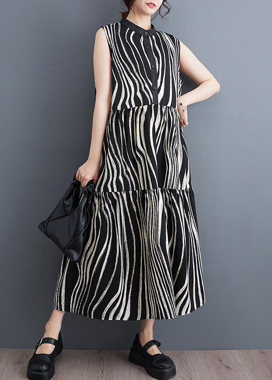 Wavy Stripe Print Band Collar Button Front Tiered Sleeveless Maxi Dress