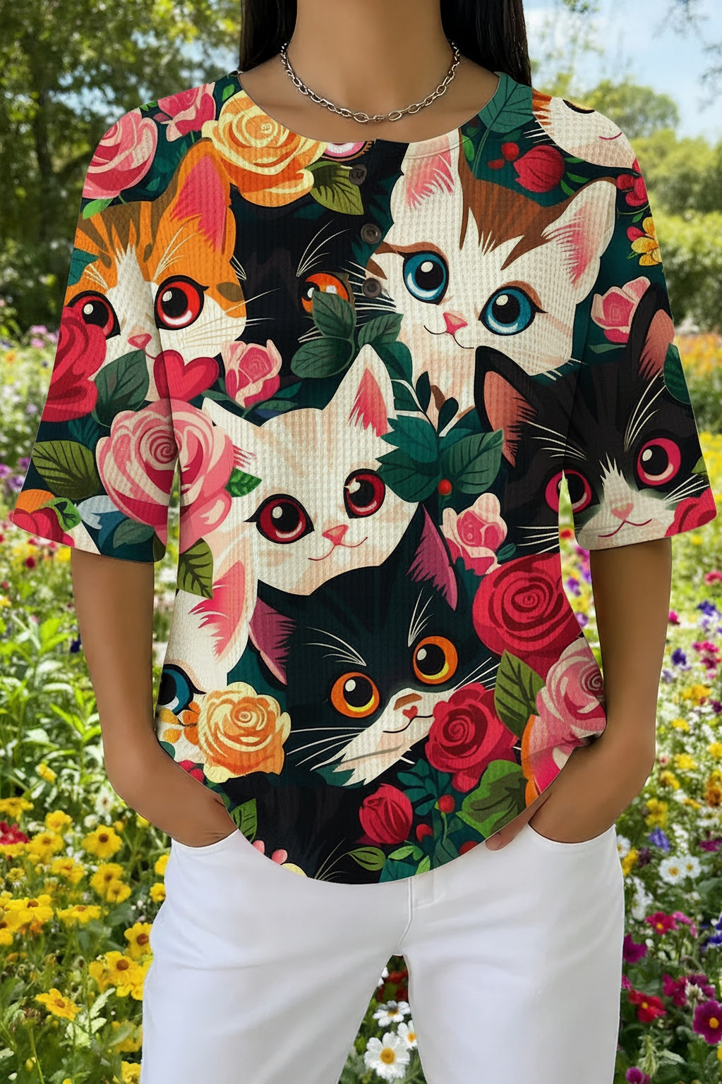 Womens Black Floral Rose Multi-Cat Print Casual Shirt