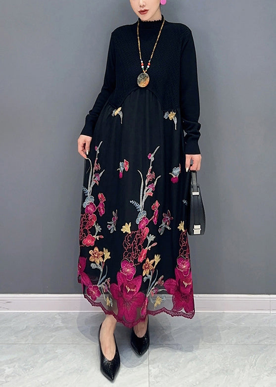 Faux Two-Piece Mock Neck Long Sleeve Floral Embroidered Mesh Scalloped Hem Maxi Dress
