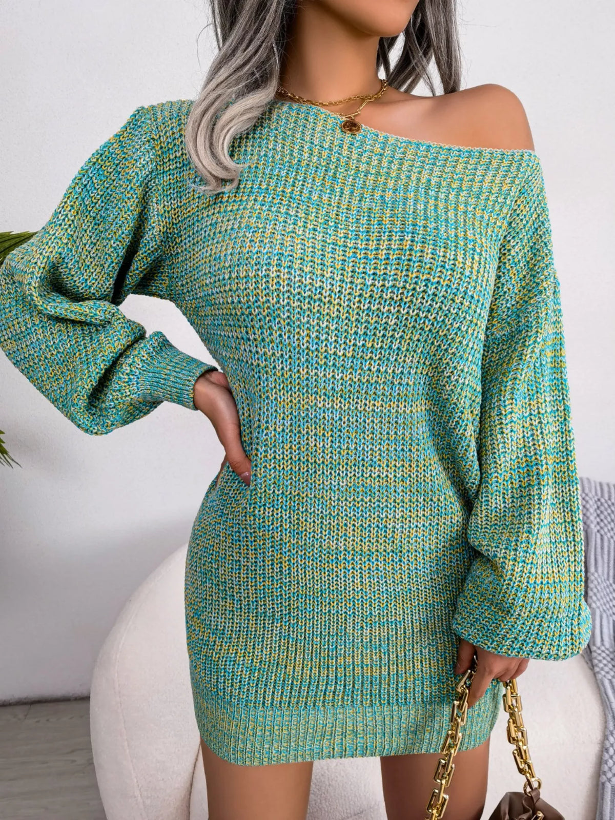 Multi-Color One-Shoulder Sweater Dress