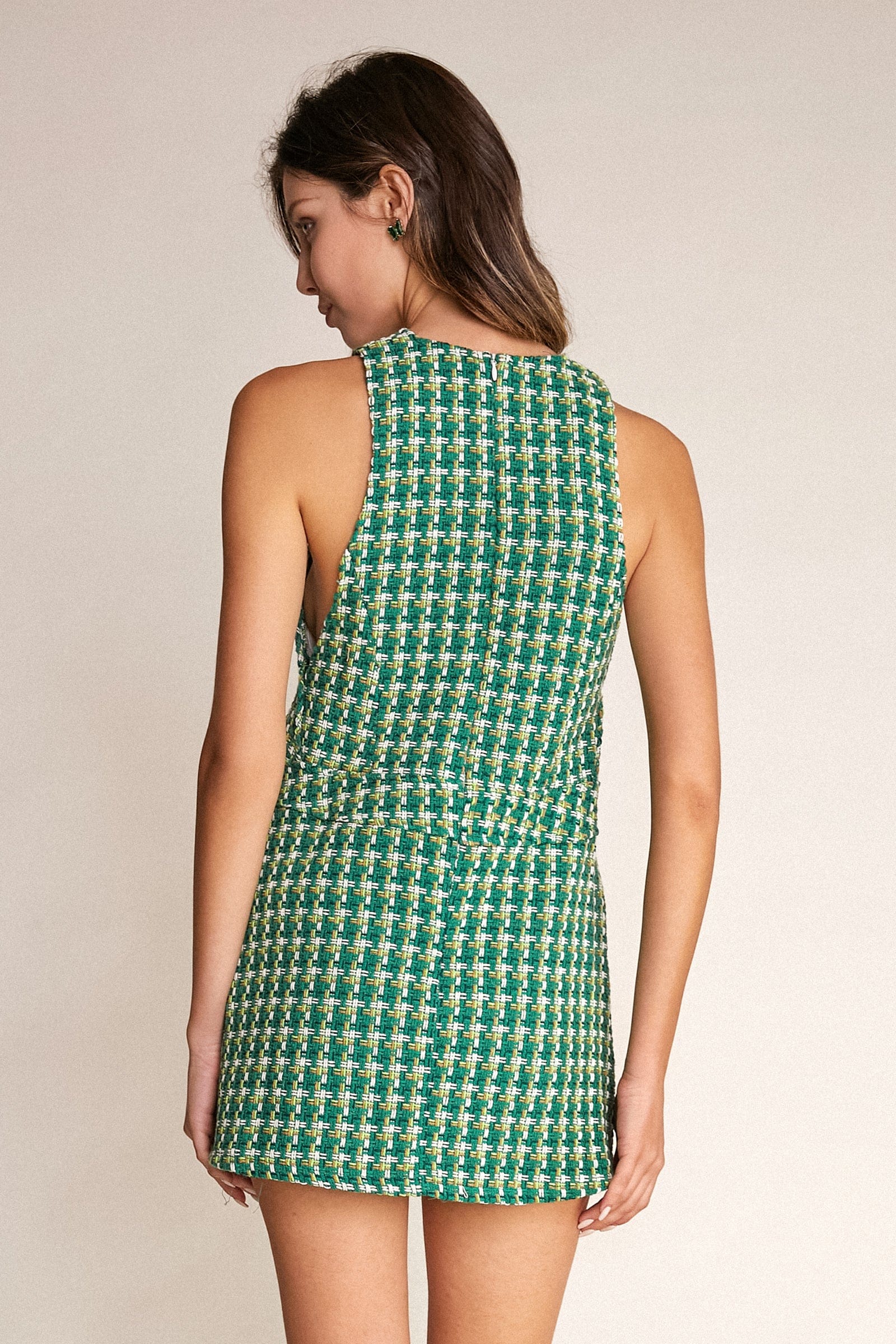 Checkered Plaid Tweed Sleeveless Mini Dress
