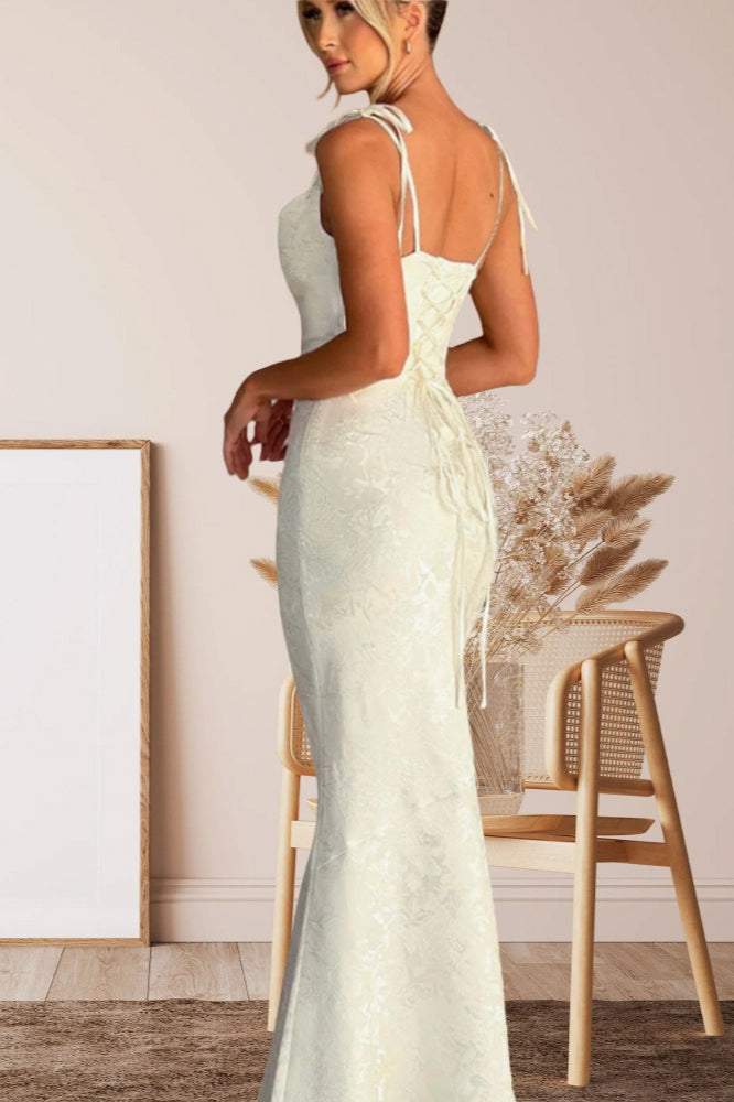 Jacquard Square Neck Backless Mermaid Maxi Dress - View 10