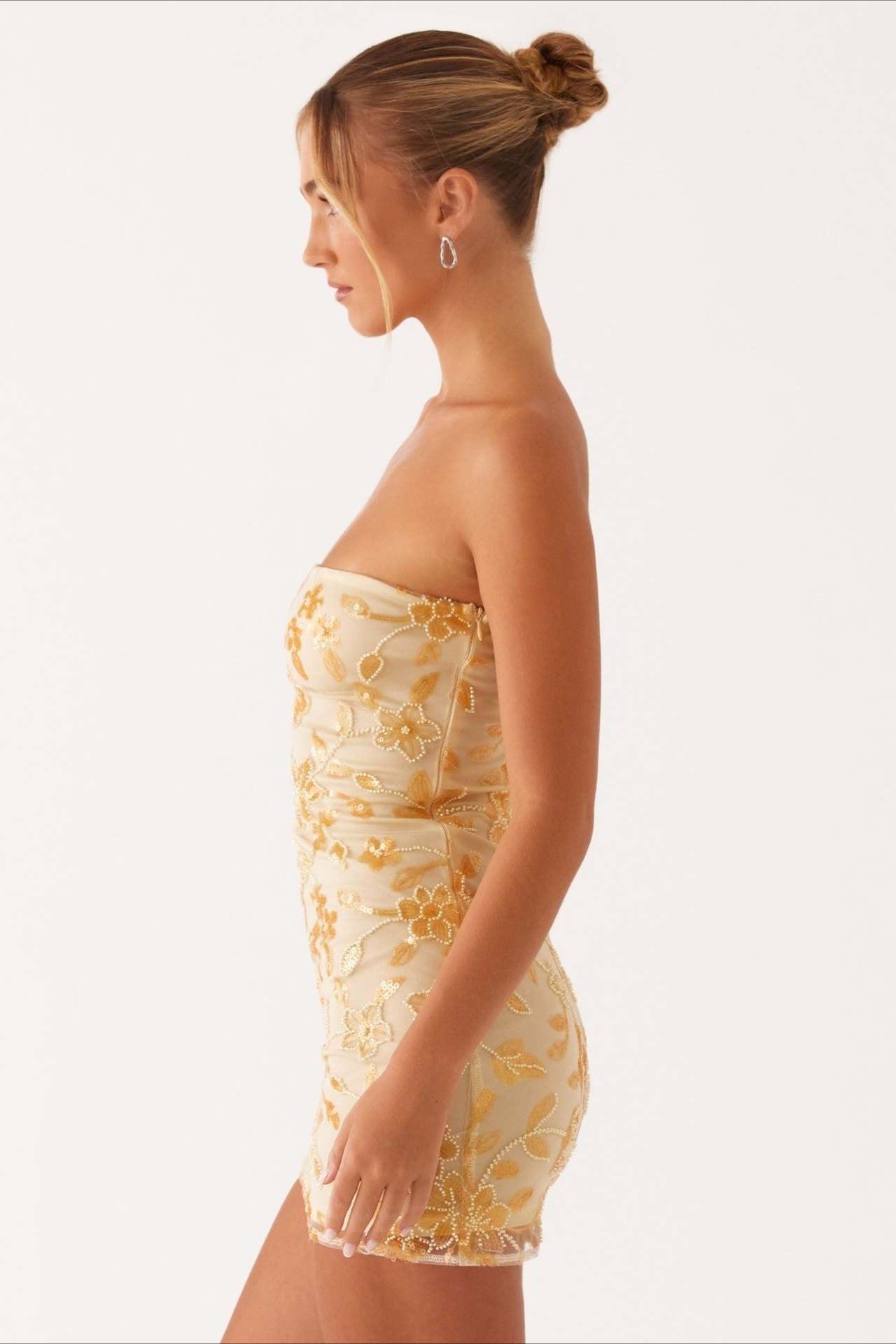 Floral Sequin Strapless Ruched Bodycon Mini Dress