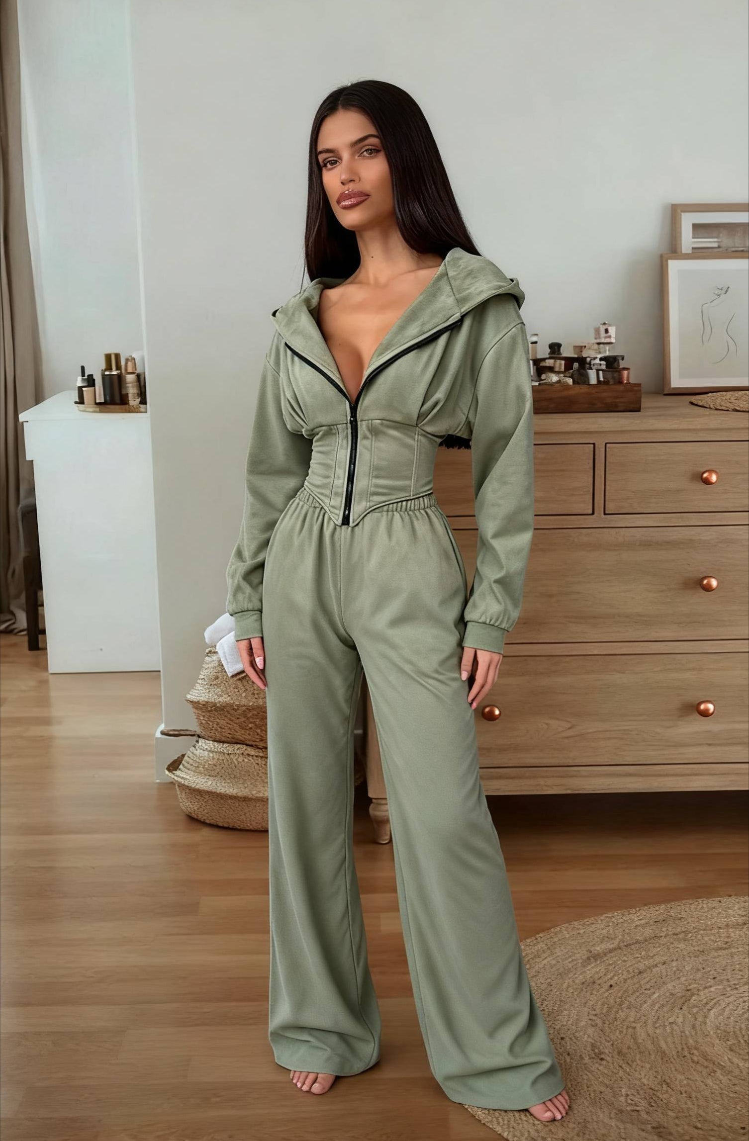 Hooded Drawstring Two Piece Pants Set