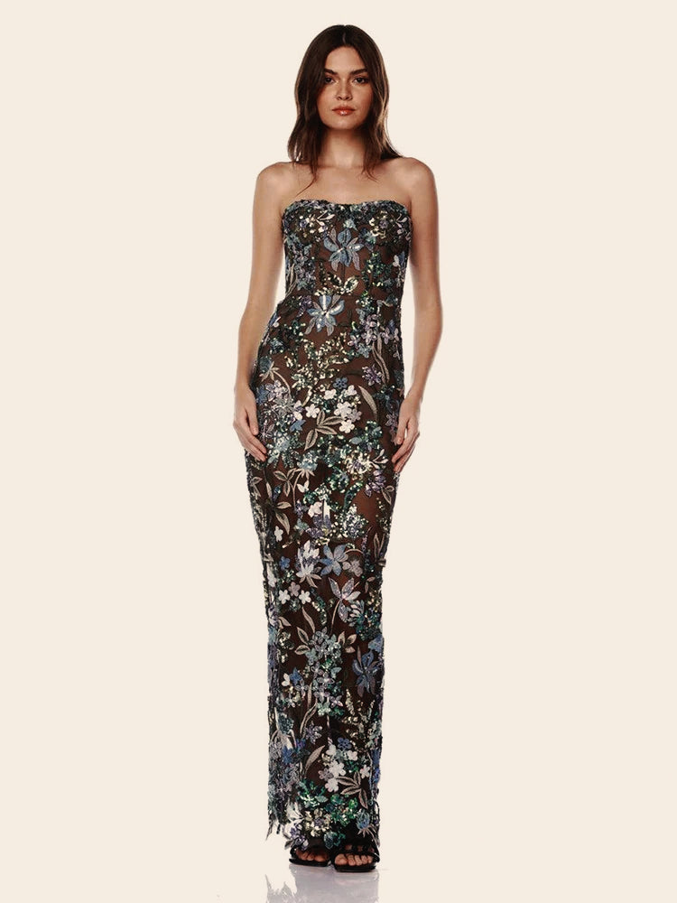 Floral Sequin Embroidered Strapless Mesh Bodycon Maxi Gown