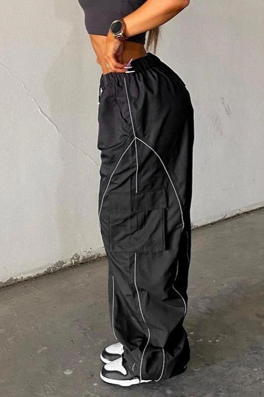 Contrast Piping Drawstring Waist Baggy Parachute Cargo Pants 3