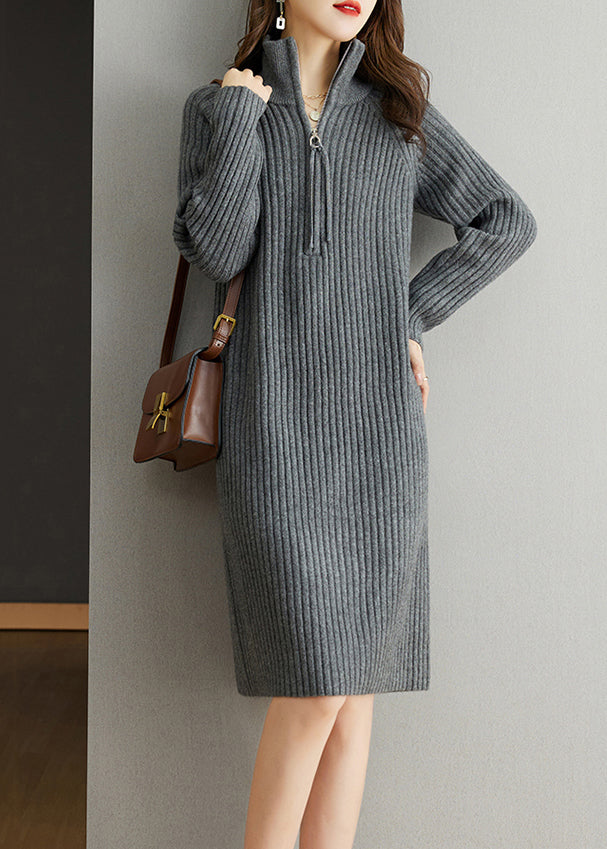 Ribbed Knit Mock Neck Half Zip Long Sleeve Shift Knee Length Dress