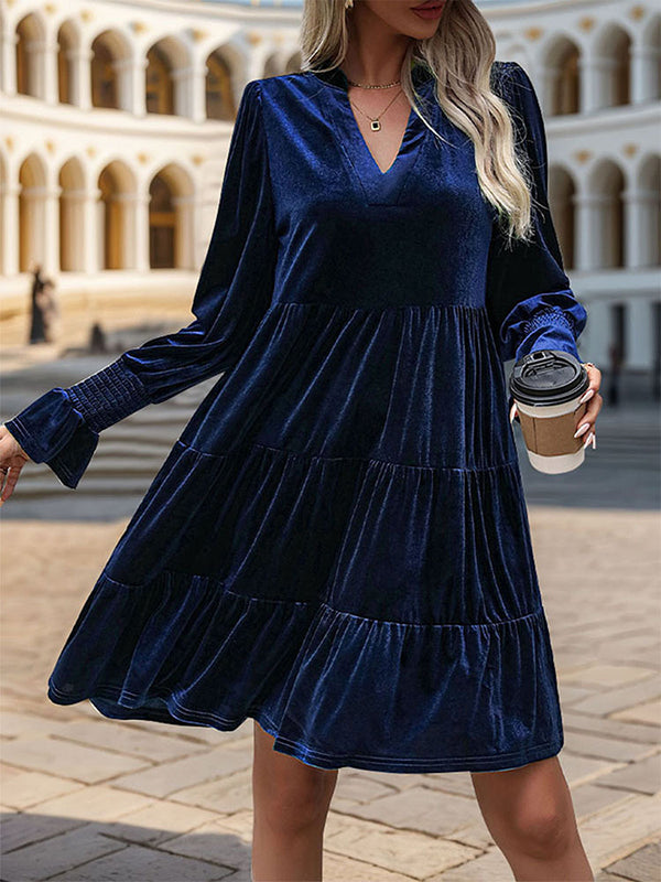 Velvet V-Neck Long Sleeve Tiered Mini Dress 15