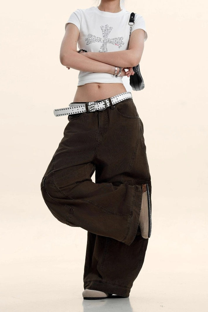 Washed Denim-Look Curved Seam Baggy Barrel Leg Cargo Pants 3