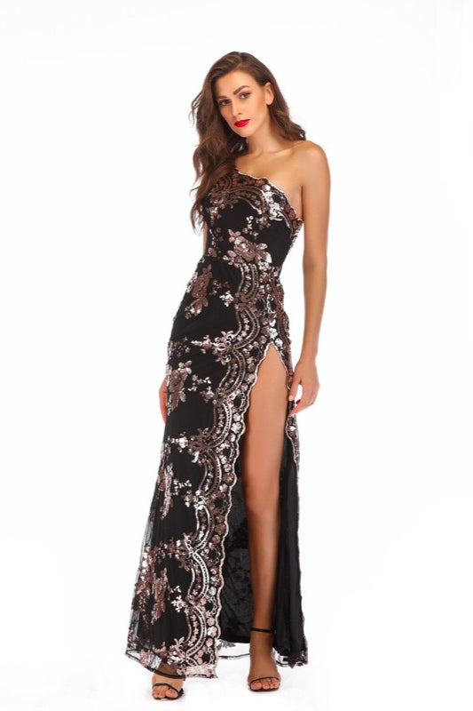 Sequin One Shoulder Sheer Mesh High Split Maxi Gown - View 9