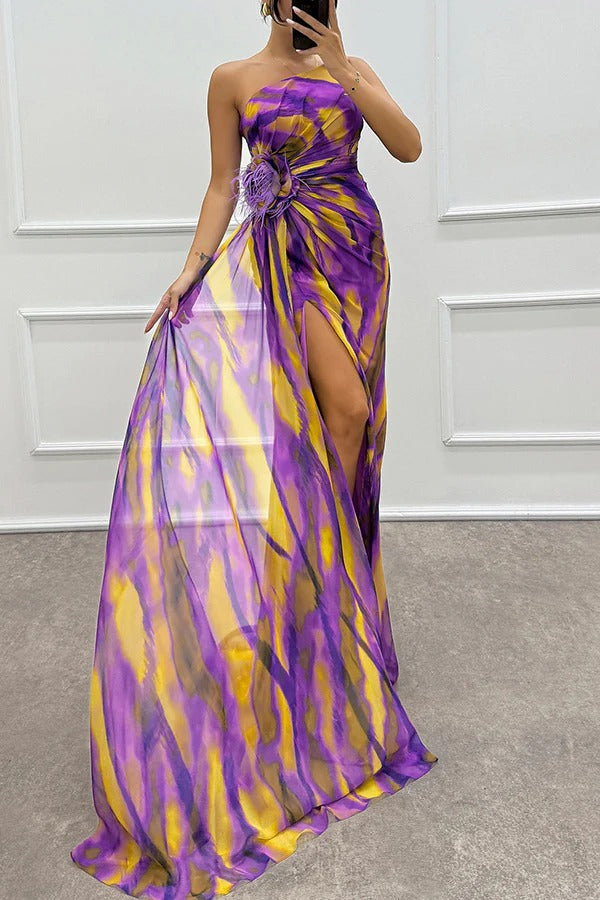 Watercolor Print One Shoulder Feather Trim High Split Maxi Dress 16