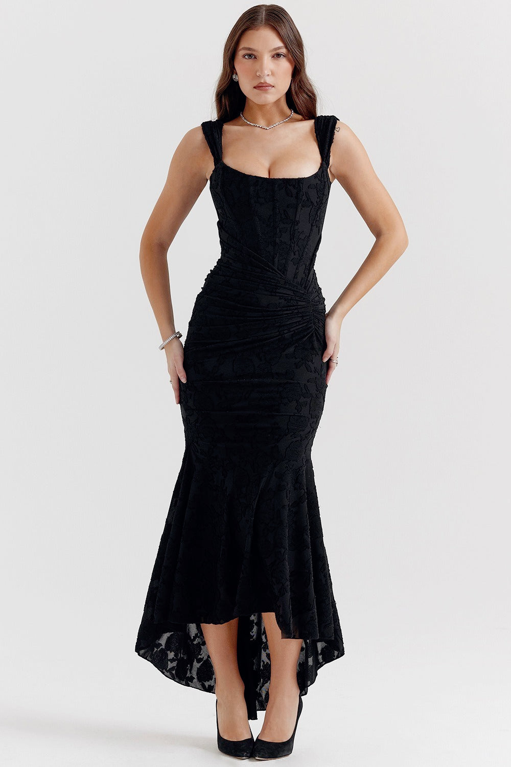 Velvet Square Neck Ruched Waist Lace Midi Dress