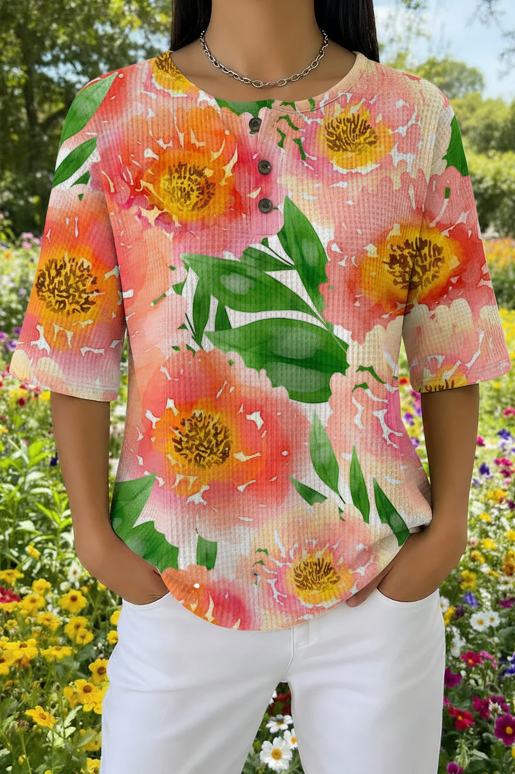 Womens Cream Orange Floral Print Casual Shirt