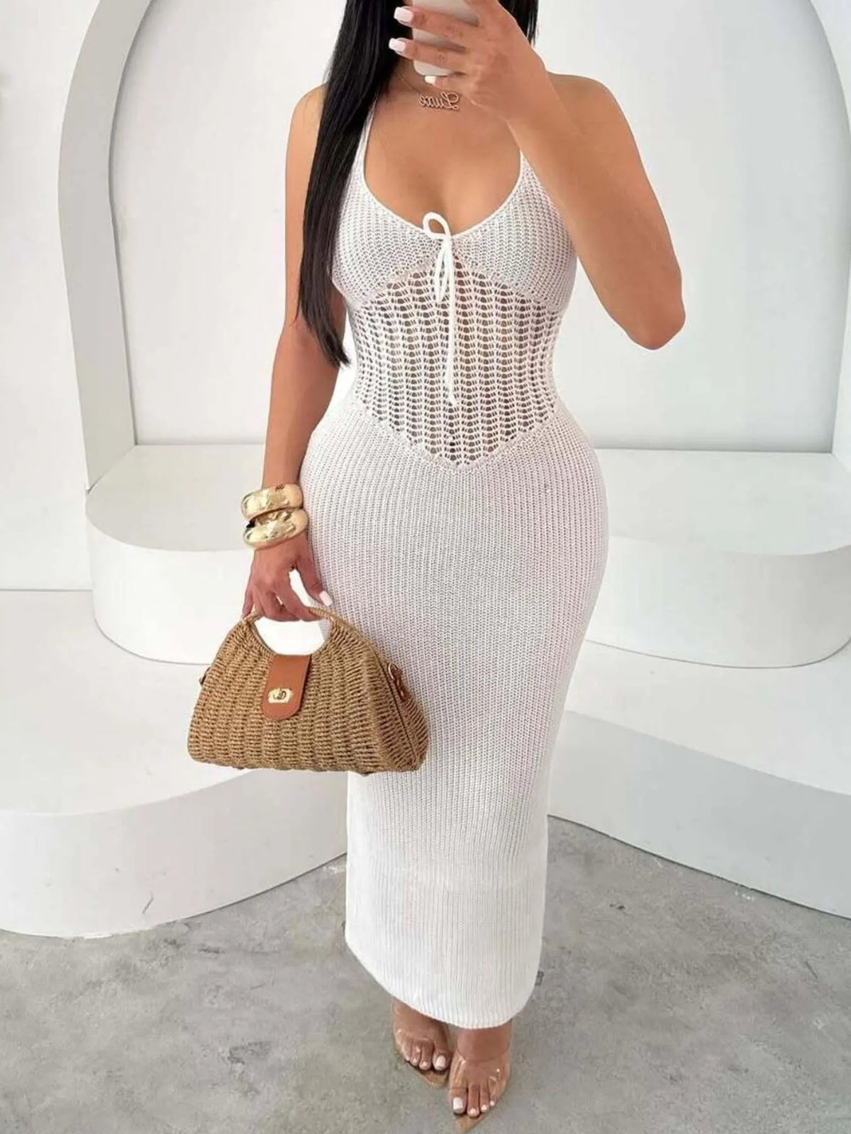 Openwork Halter Neck Sweater Maxi Dress