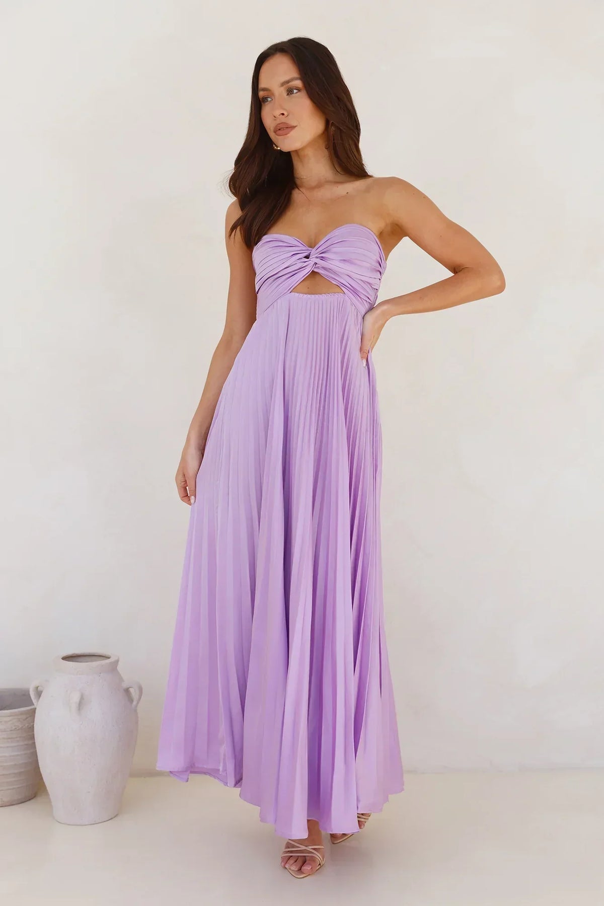 Satin Strapless Twist Front Cut Out Pleated Maxi Dress