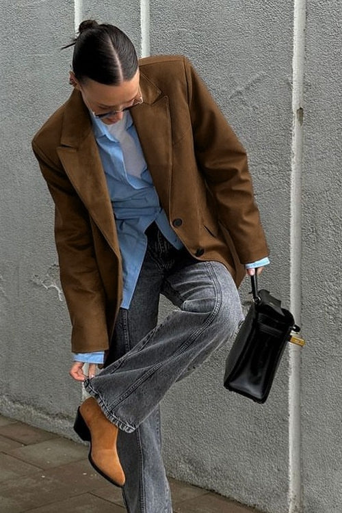 Suede-Look Notch Lapel Single Breasted Oversized Blazer 3