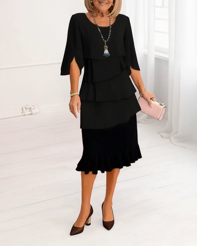 Round Neck Half Sleeve Tiered Ruffle Midi Dress