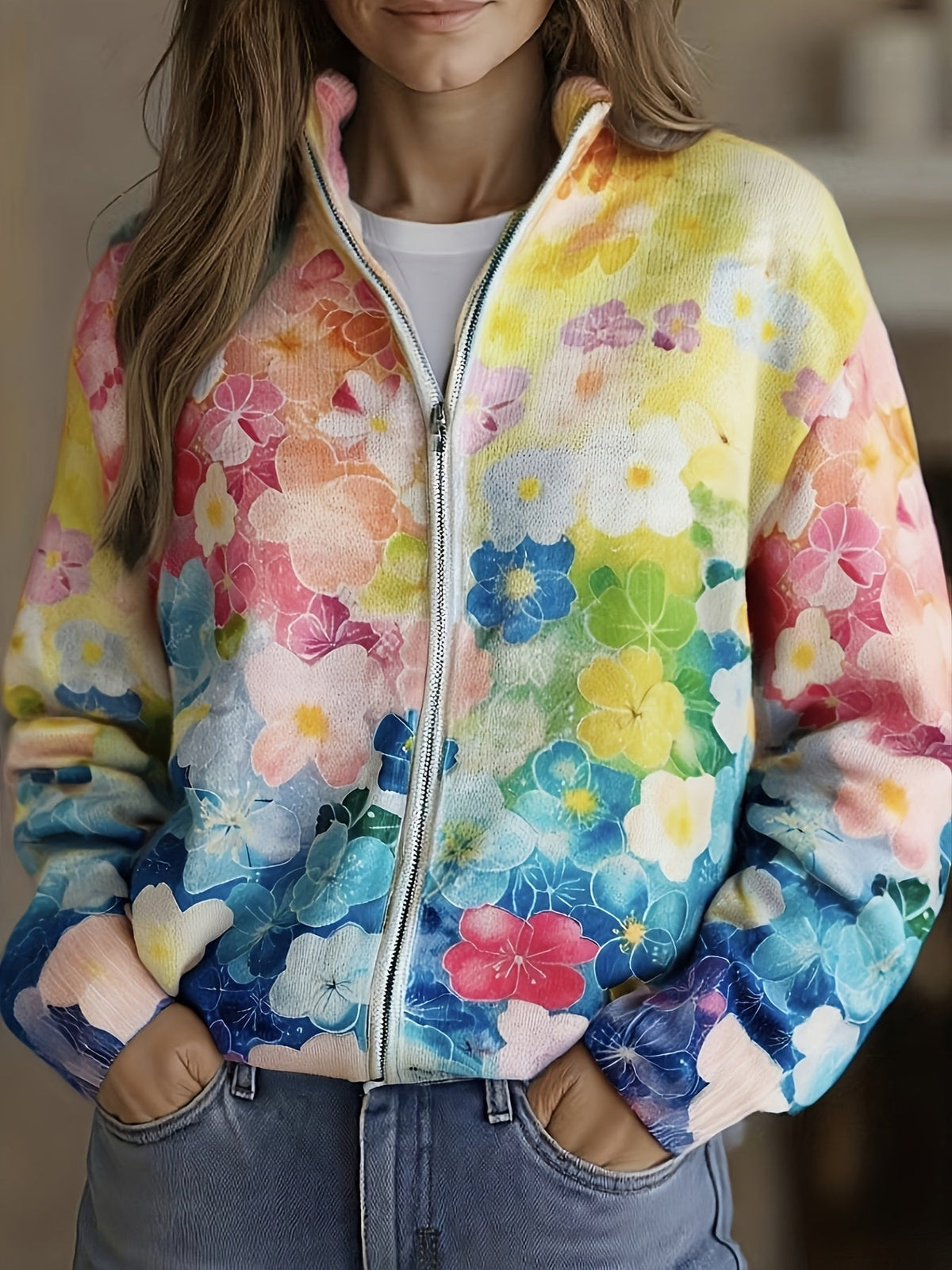 Watercolor Floral Print Zip Front Cardigan