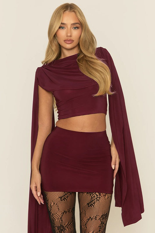 Cowl Neck Shawl Ruched Two Piece Set