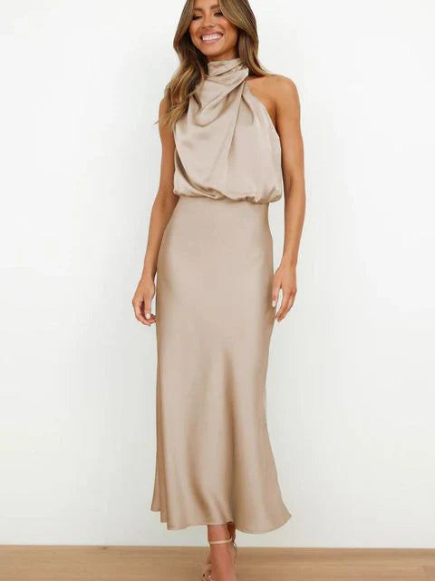 Satin Mock Neck Cowl Drape Sleeveless Bias Cut Midi Cocktail Dress