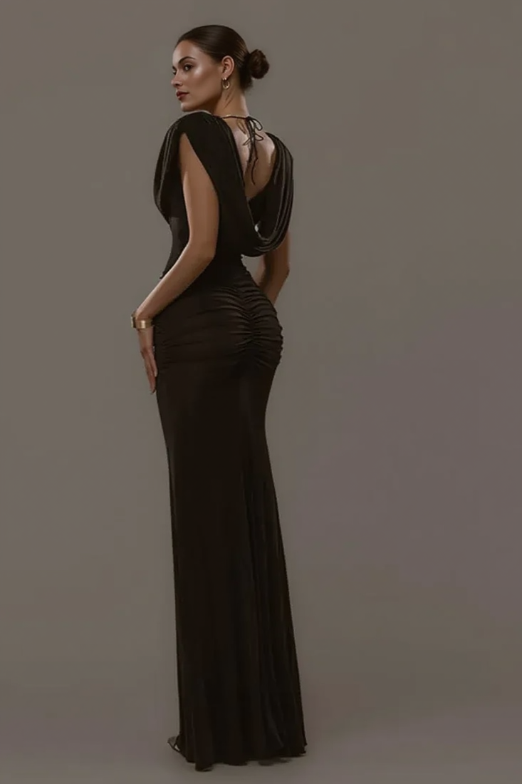 Solid Cowl Neck Ruched Waist Cinch Party Dress 2