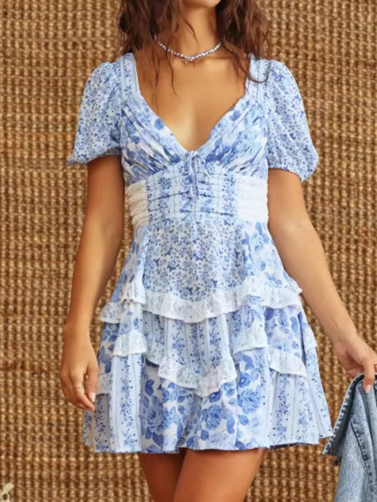 Floral Print Lace Trim Sweetheart Puff Sleeve Tiered Mini Dress 24