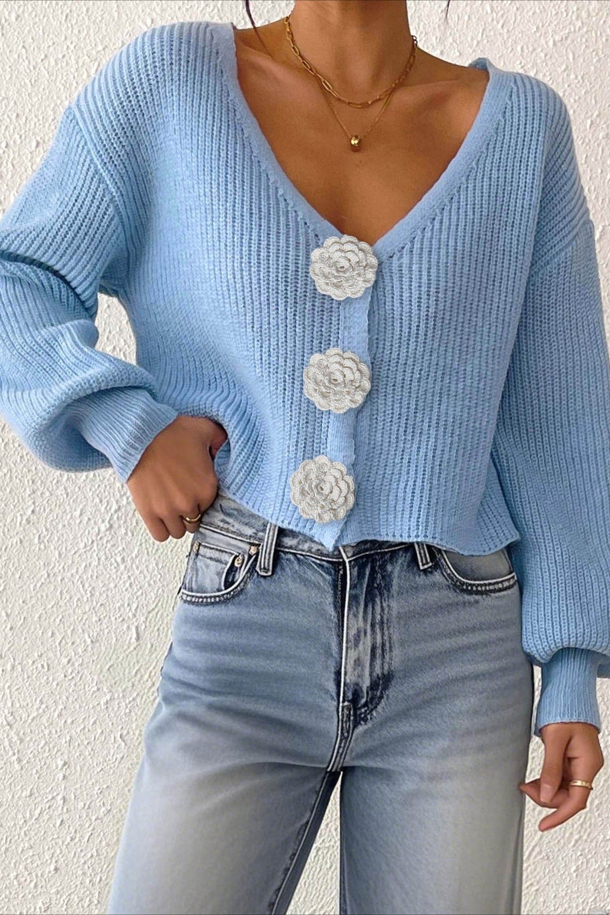 V-Neck Crochet Flower Button Front Ribbed Knit Cropped Cardigan 4