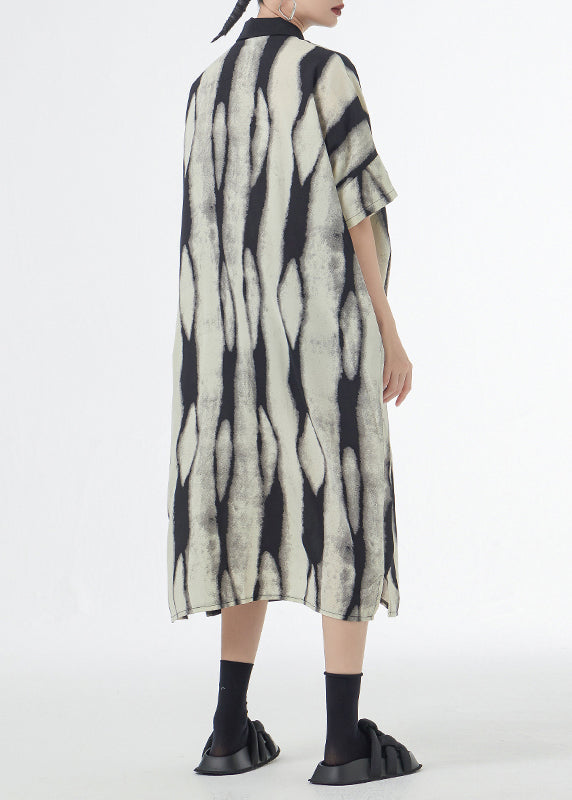 Abstract Print Collared Button Down Short Sleeve Oversized Shirt Midi Dress