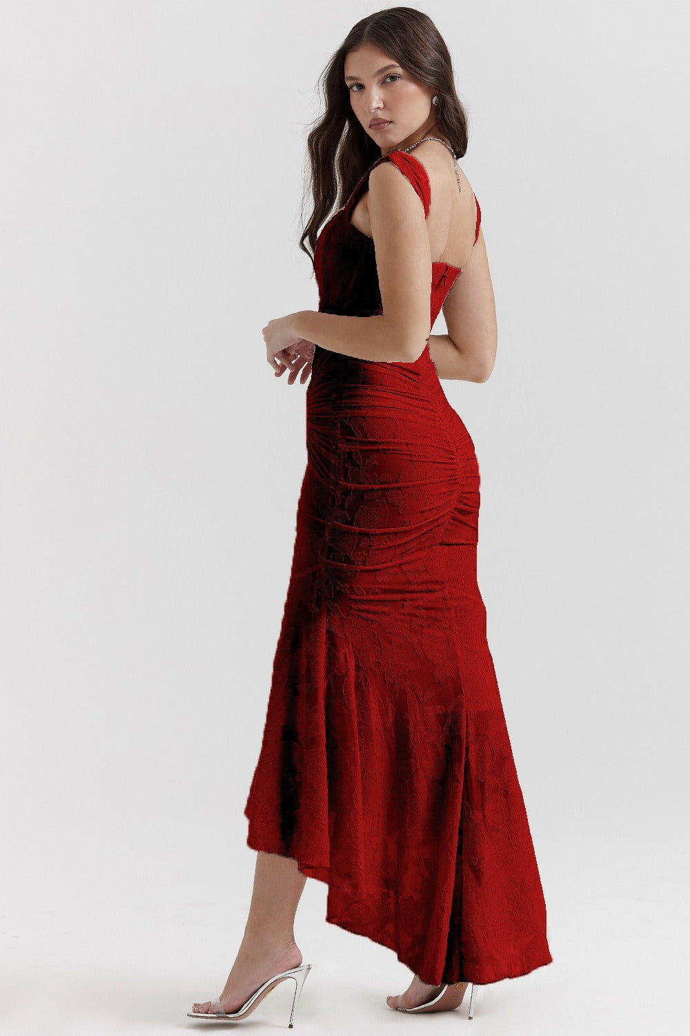 Jacquard Square Neck Corset Ruched Mermaid Gown