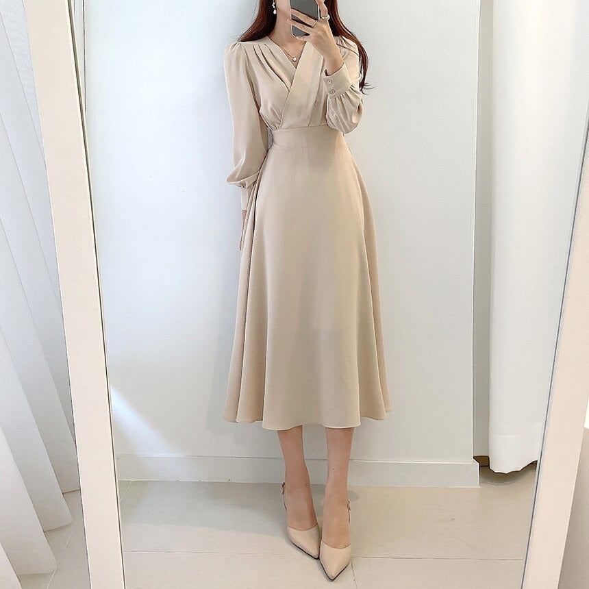 V-Neck Wrap Long Sleeve A-Line Midi Dress 3