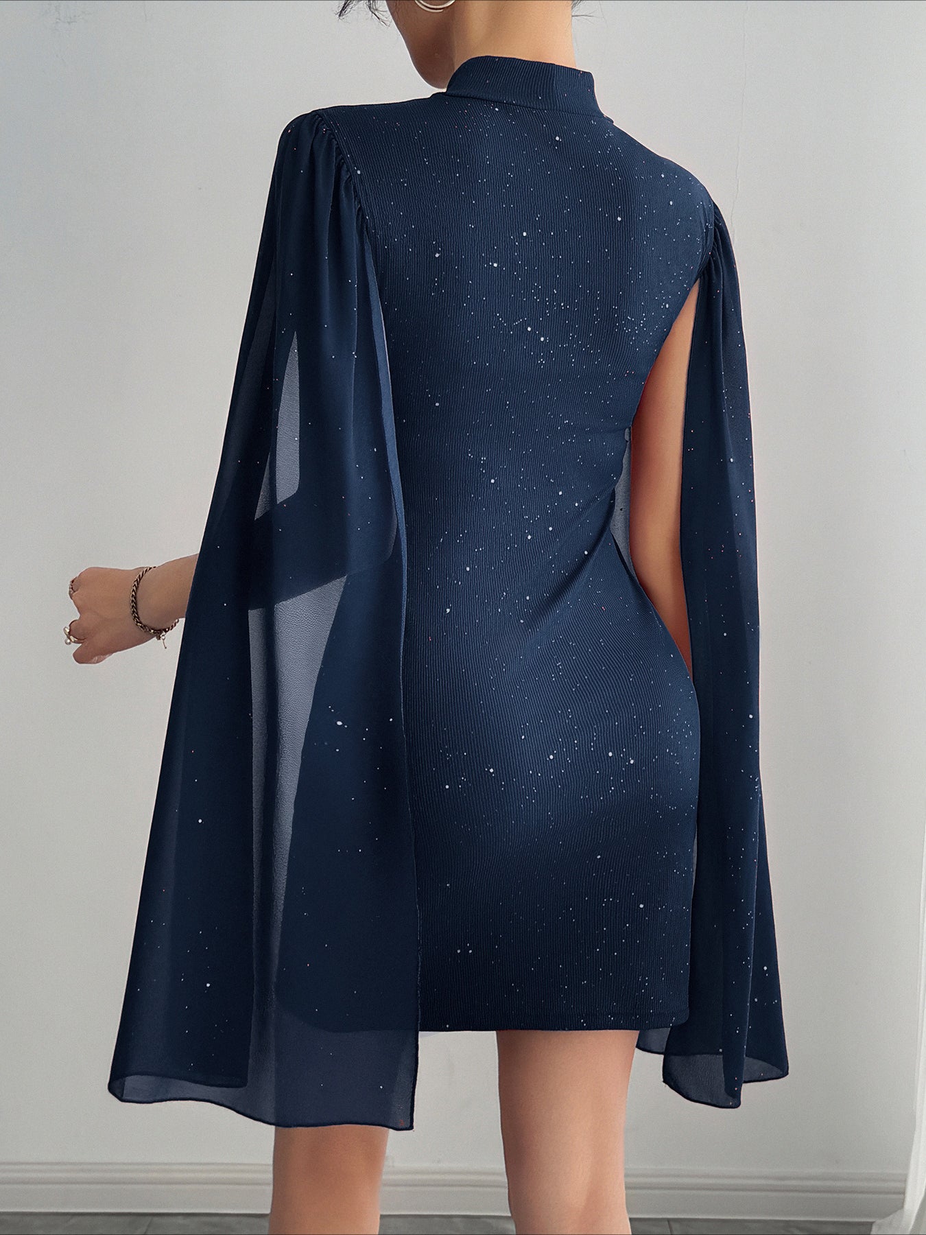 Rhinestone Spliced Round Neck Slim Fit Mini Dress - View 6