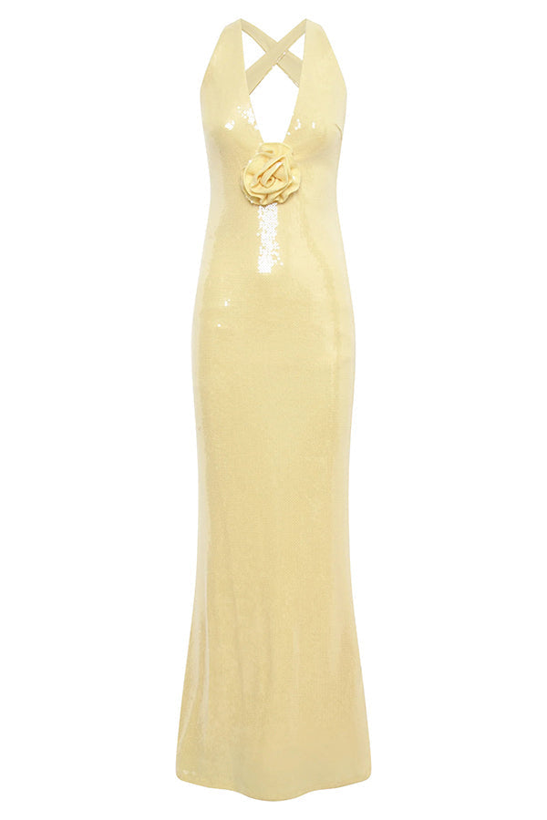 Sequin Halter Neck Floral Applique Backless Mermaid Maxi Dress