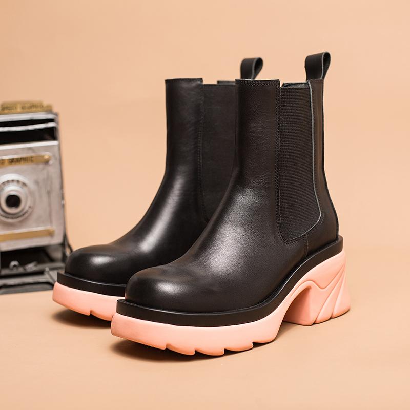 Colorful Sole Leather Chelsea Boots Designer Retro Chunky Riding Boots High Heel Handmade
