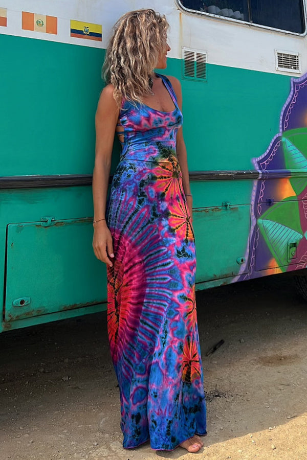 La Bamba Tie-dye Print Back Lace-up Stretch Maxi Dress - View 3