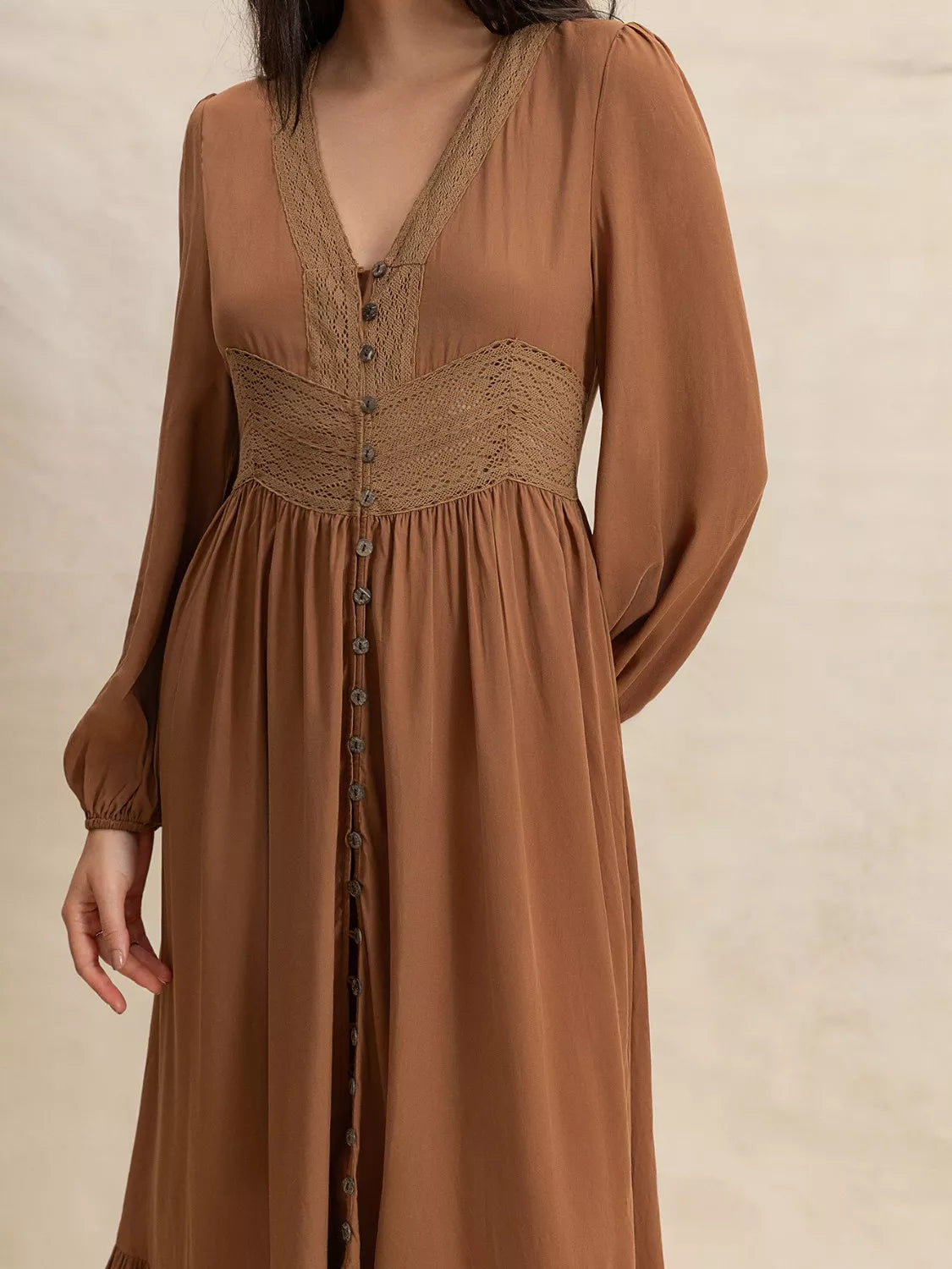 Lace Trim V-Neck Long Sleeve Button Front Tiered Maxi Dress 3