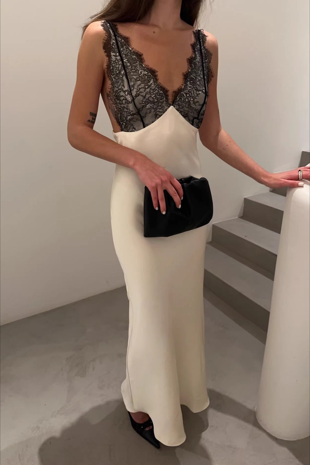 Satin Lace Trim Spaghetti Strap Reception Dress