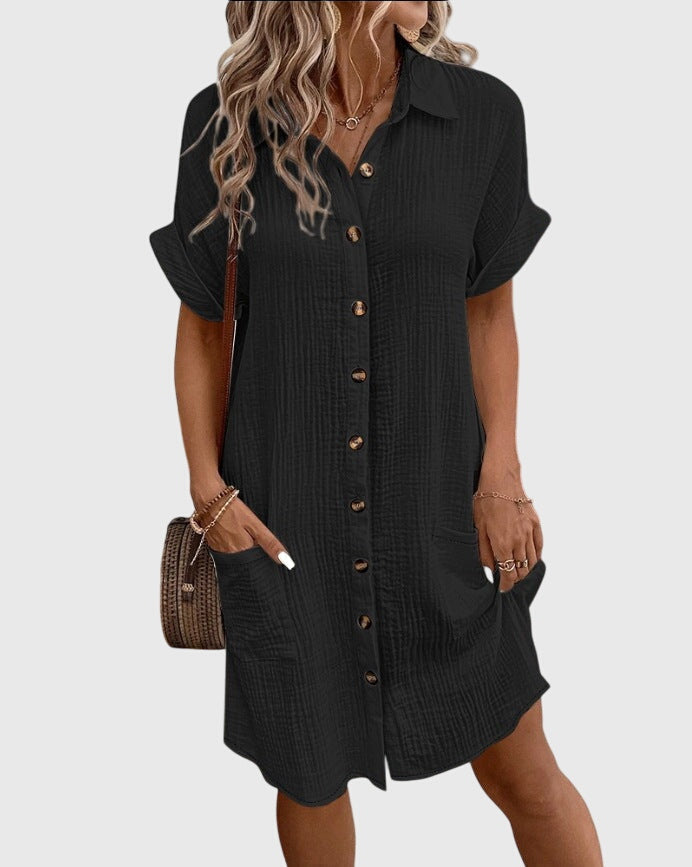 Button Front Short Sleeve Collared Pocket Shirt Dress