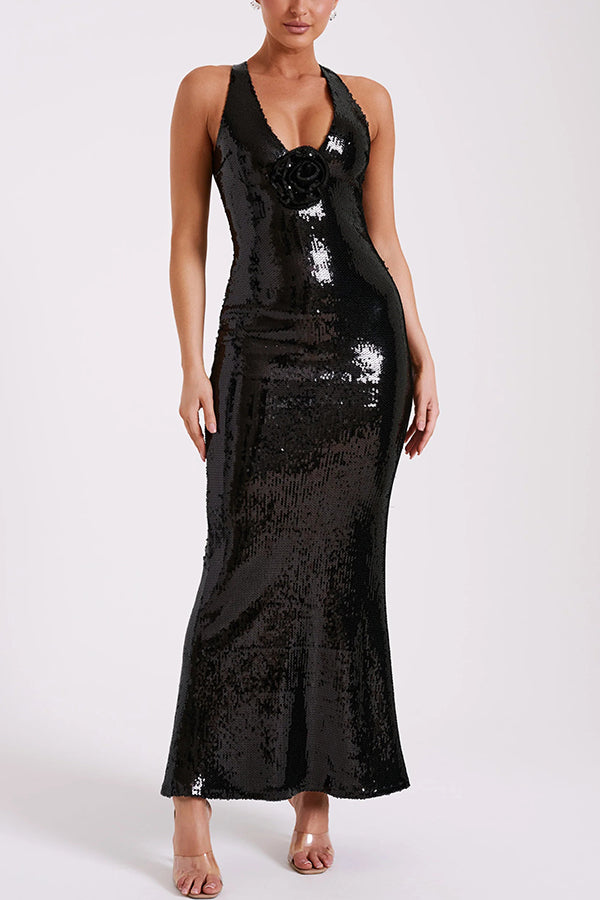 Sequin Halter Neck Floral Applique Backless Mermaid Maxi Dress