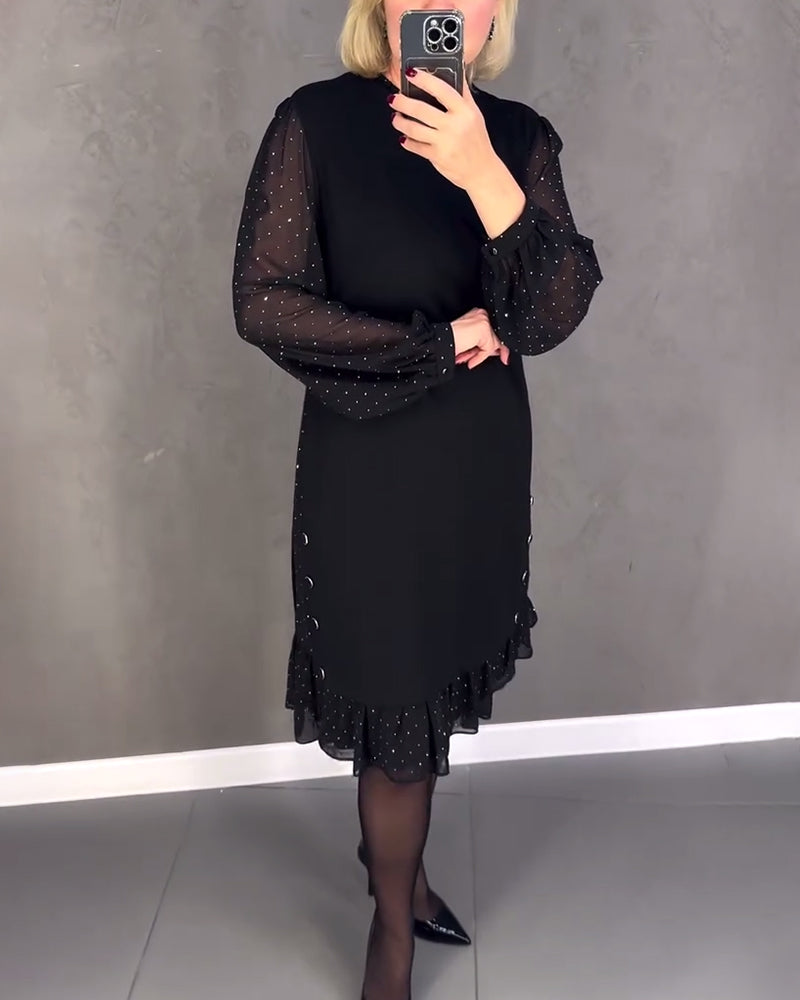 Round Neck Sheer Dot Sleeve Ruffle Hem Shift Midi Dress