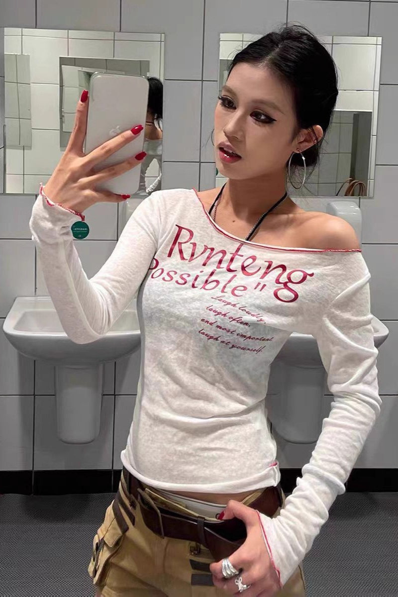 Logo One Shoulder Sheer Long Sleeve Top