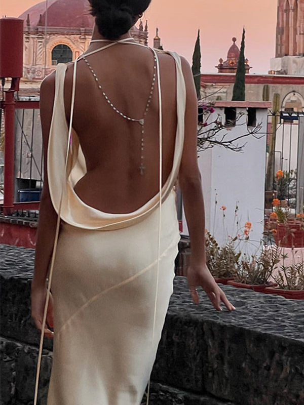 Champagne Sexy Satin Backless Tie Up Maxi Dress - View 5