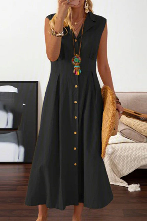 V-Neck Lapel Collar Sleeveless Button Front Pleated Waist A-Line Midi Dress
