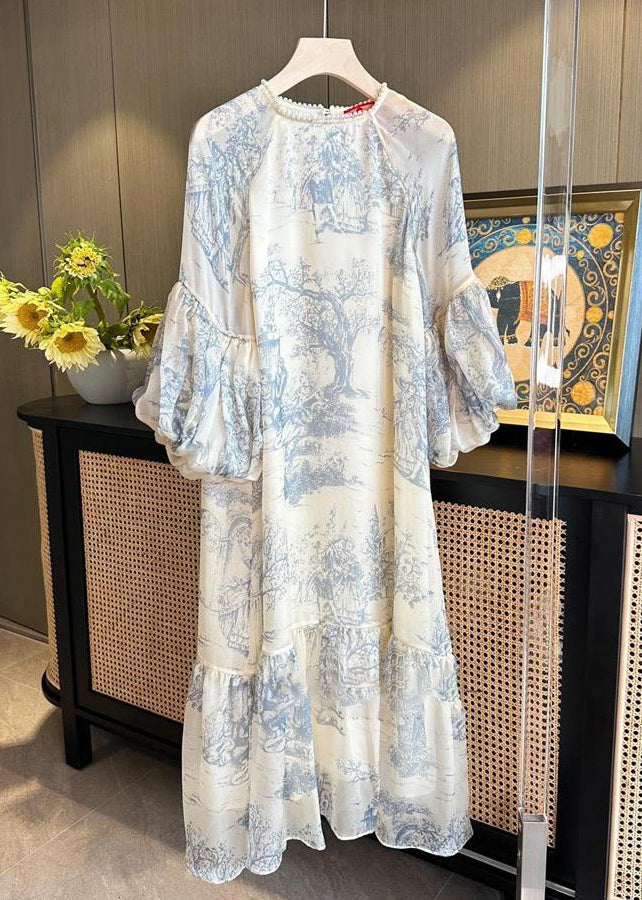 Toile Print Pearl Trim Crew Neck Balloon Sleeve Tiered Ruffle Chiffon Midi Dress
