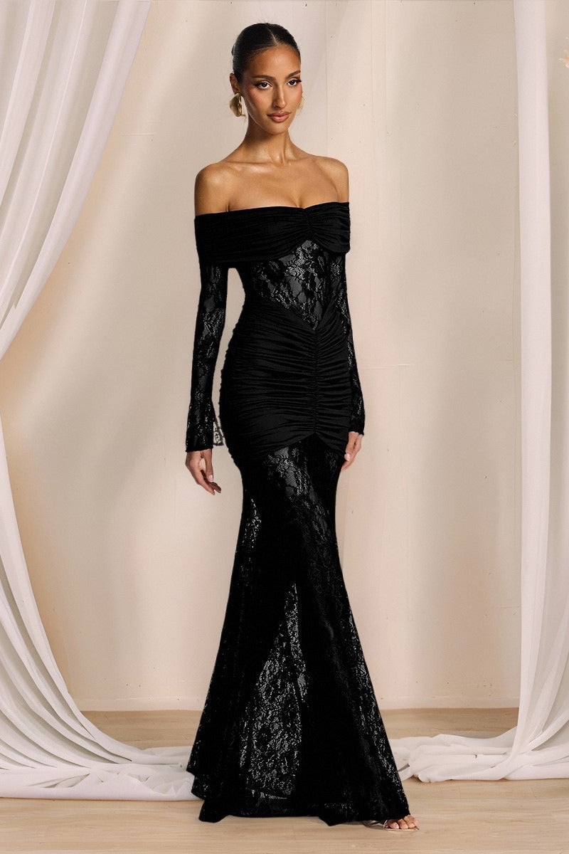 Lace Off Shoulder Long Sleeve Ruched Mermaid Gown
