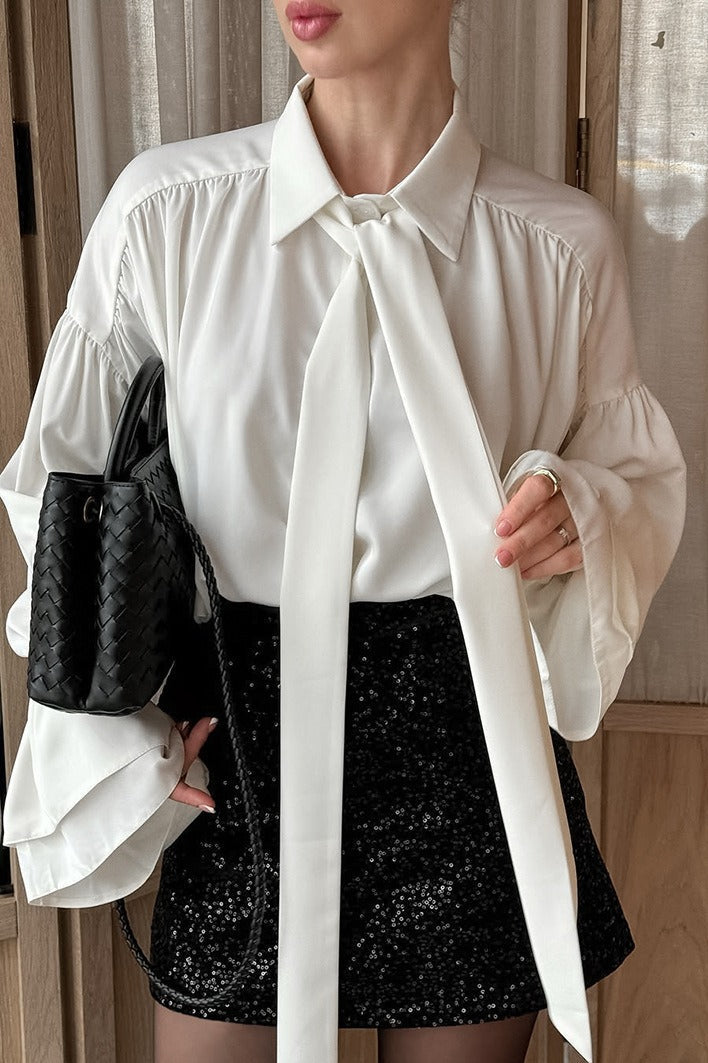 Collared Long Tie Neck Gathered Shoulder Layered Flare Sleeve Blouse