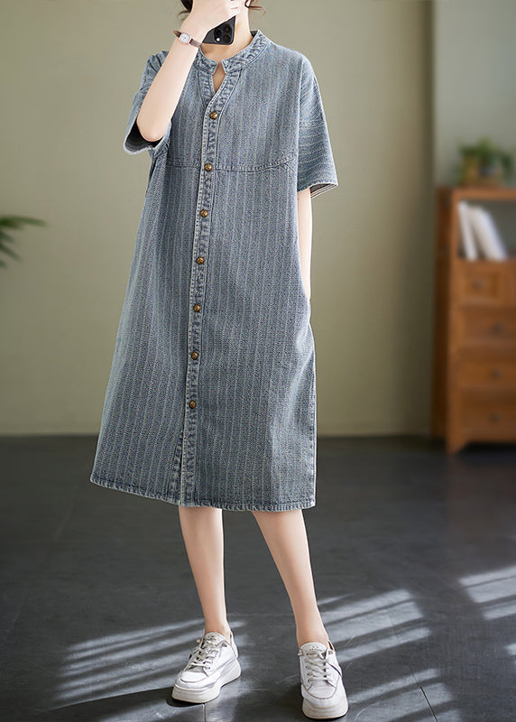 Striped Denim Mandarin Collar Button Down Short Sleeve Shirt Dress