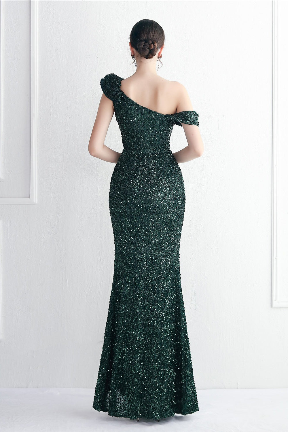 Sequin One Shoulder Ruffle High Split Mermaid Gown