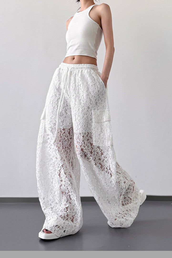 Sheer Lace Panel Drawstring Waist Wide Leg Pants 3